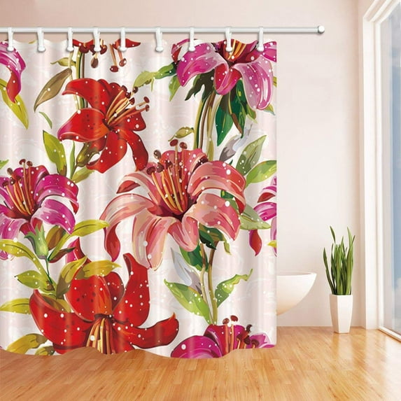 Libin Flower Decor Red Tulips and Green Leaves Painting Red Polyester Fabric Bathroom Shower Curtain 66x72 inches