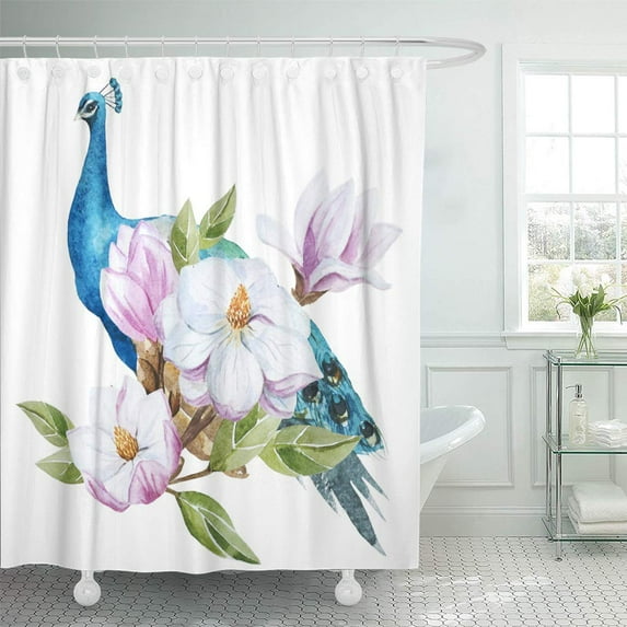 Libin Flower Watercolor Magnolia Peacock Bird Painting Watercolour Tree Wallpaper Abstract Shower Curtain 66x72 inch