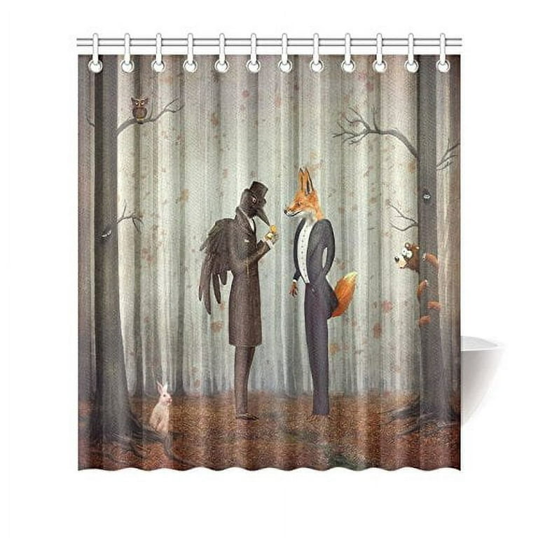 Libin Forest Raven Fox Shower Curtain Hooks 66x72 inches Orange Fabric  Fairy Tales Raven and Fox in A Dark Forest Looking at the Watch with Rabbit  Owl