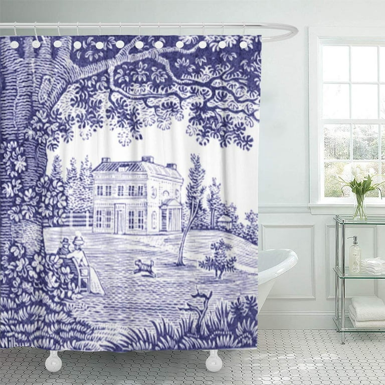 Libin Frcthmdc French Country Blue Toile Garden Shower Curtain 66x72 inch