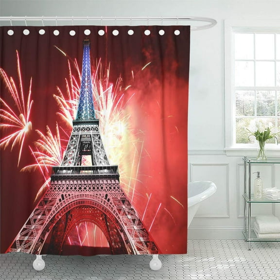 Libin French Fireworks Light Up The Eiffel Tower in Paris Shower Curtain 66x72 inch