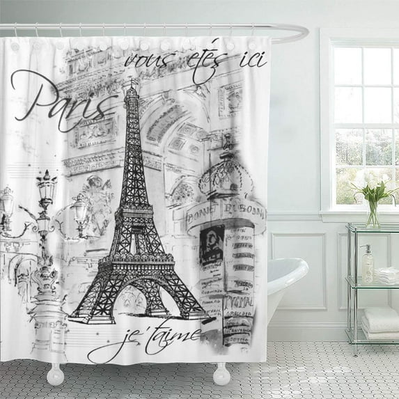 Libin French Paris Eiffel Tower Black White Collage Painting Street Shower Curtain 60x72 inch