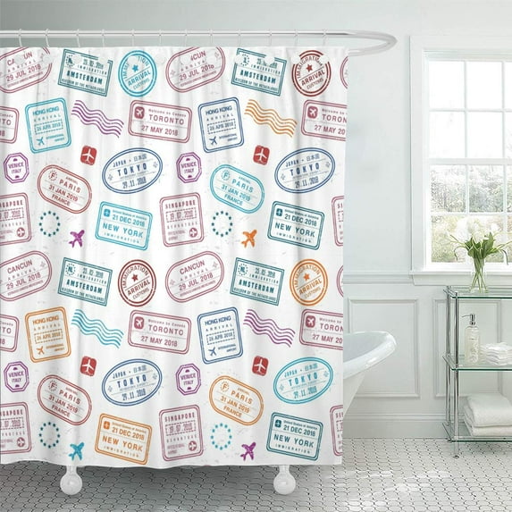 Libin Frequent Colorful Vintage Travel Passport Stamps Collage Fictitious Border Shower Curtain 66x72 inch