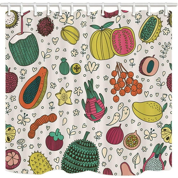Libin Fruits Cartoon Pitaya Mango Durian Coconut Pawpaw Litchi Polyester Fabric Bathroom Shower Curtain 66x72 inches