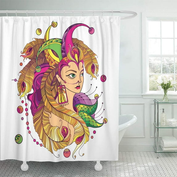 Libin Girl Face in Clown Cap Outline Golden Peacock Feathers Ornate Shower Curtain 66x72 inch