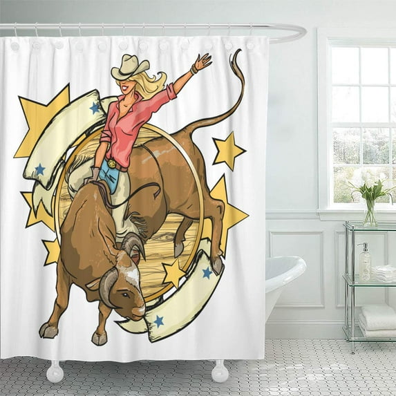 Libin Girl Rodeo Cowgirl Riding Bull Space Western Vintage American Shower Curtain 60x72 inch