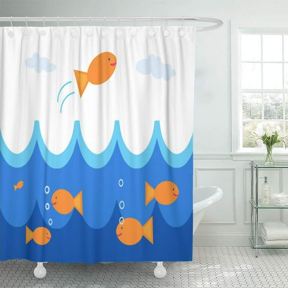 Libin Goldfish Cute and Flying Fish Ocean Waves Happy Water Shower Curtain 60x72 inch