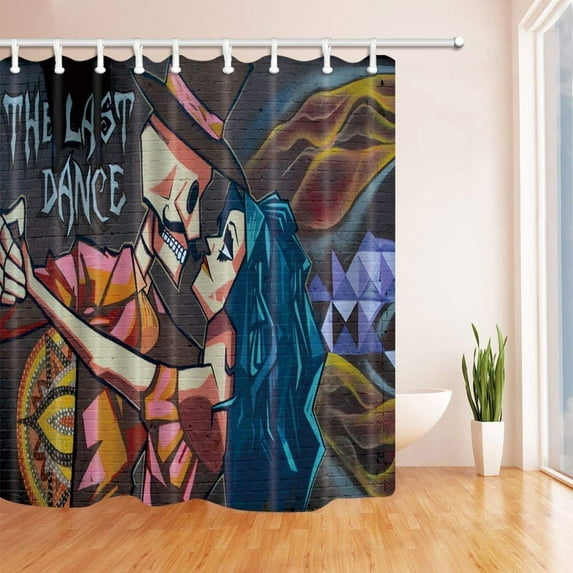Libin Graffiti on Wall Art Decor Girl and Skull Dancing at Halloween Polyester Fabric Bath Curtain, Bathroom Shower Curtain 66x72 inches