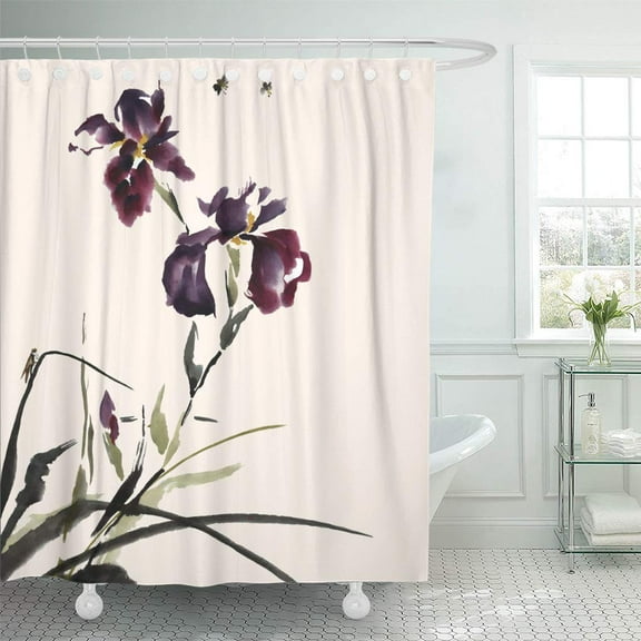 Libin Green Iris Flower and Insects Watercolor Ink Oriental Traditional Painting Shower Curtain 60x72 inch