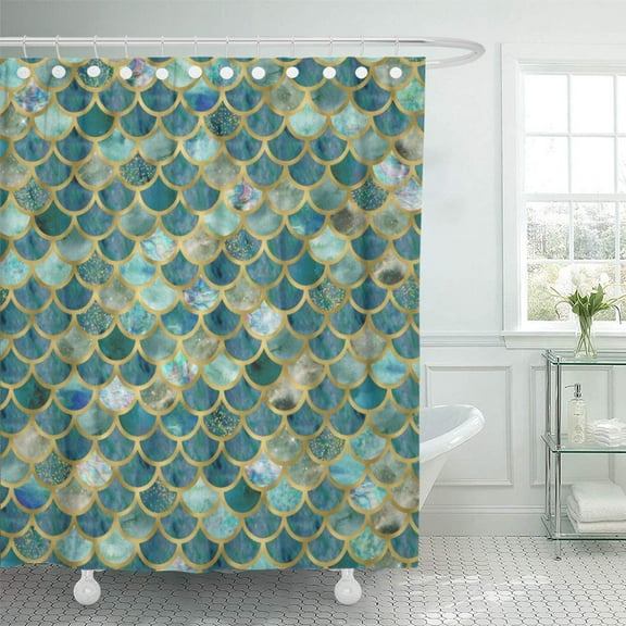 Libin Green Mermaid Teal Blue Scales Pattern Faux Gold Tail Shower Curtain 60x72 inch