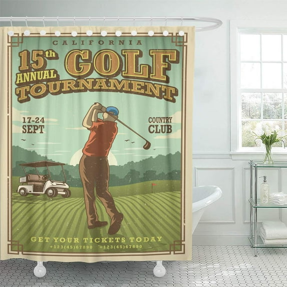Libin Green Retro Vintage Golf Player Car and Flag Lawn Shower Curtain 66x72 inch