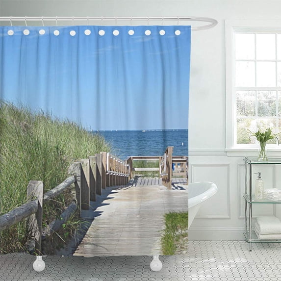 Libin Green Summer Boardwalk to The Beach Blue Sand Ocean Shower Curtain 66x72 inch