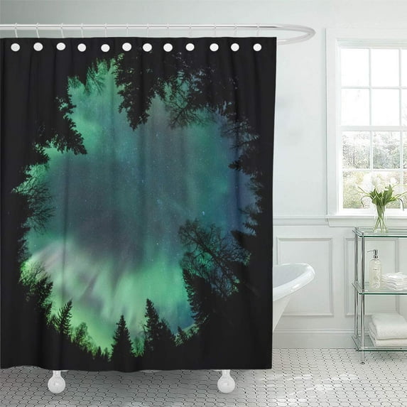 Libin Green Sweden Northern Lights Aurora Borealis Above Forest Fisheye Sky Shower Curtain 66x72 inch