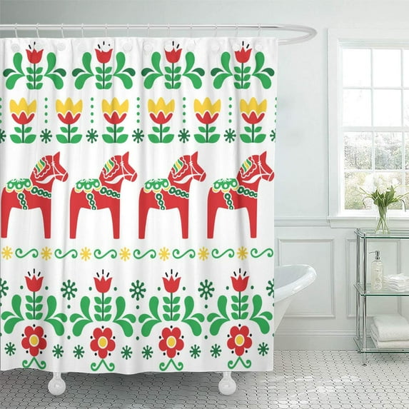 Libin Green Swedish Dala Horse Pattern Scandinavian Folk Flowers Red Shower Curtain 60x72 inch