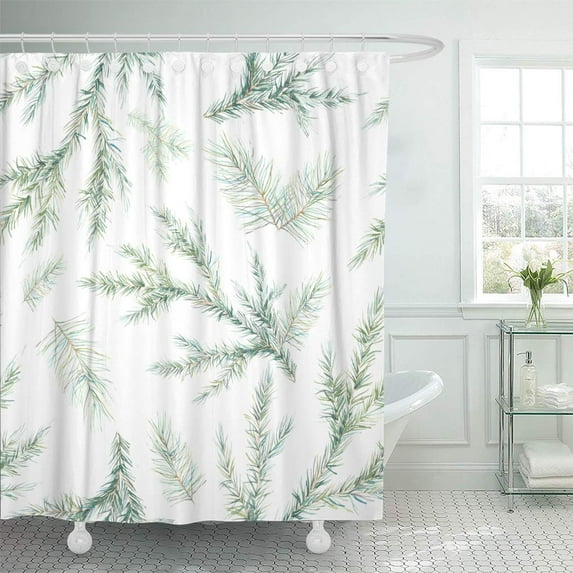 Libin Green Watercolor Christmas Tree Branches Hand Fir Needle Natural Winter Shower Curtain 66x72 inch
