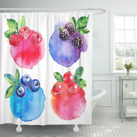 Libin Green Watercolor Painted Berries Raspberries Blackberries Blueberries Cranberries Red Shower Curtain 66x72 inch