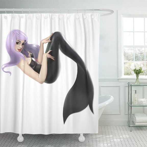 Libin Hair Black Fish Pretty Mermaid Girl Latex Pin Siren Shower Curtain 66x72 inch