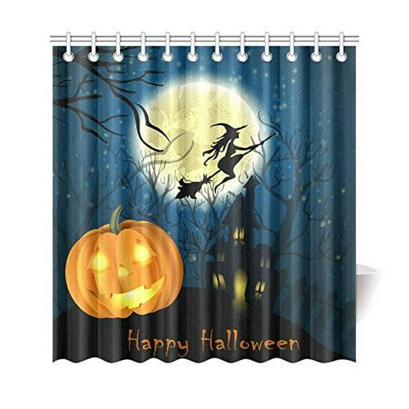 Libin Halloween Witch on the Full Moon Shower Curtain, Pumpkin Lantern Polyester Fabric Shower Curtain Bathroom Sets 66x72 Inches