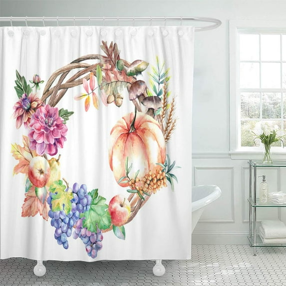 Libin Hand Painted Watercolor Illustration of Autumn Harvest Wreath Fruits Shower Curtain 60x72 inch