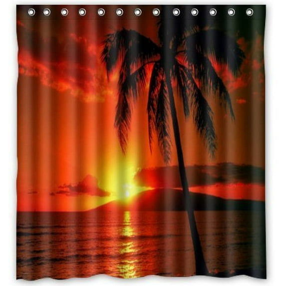 Libin Hawaii Summer Beach Palm Tree Blue Sea Sunset Shower Curtain Polyester Fabric Bathroom Decorative Curtain Size 66x72 Inches