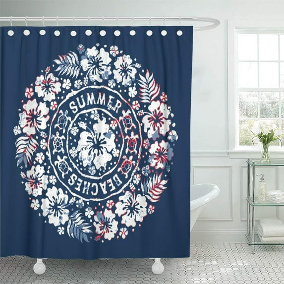 Libin Hawaiian Style Badge Hibiscus Flower and Turtles Vector Vintage Shower Curtain 60x72 inch