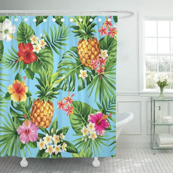Libin Hawaiian Tropical Pattern Pineapples Palm Leaves and Flowers Leaf Shower Curtain 60x72 inch