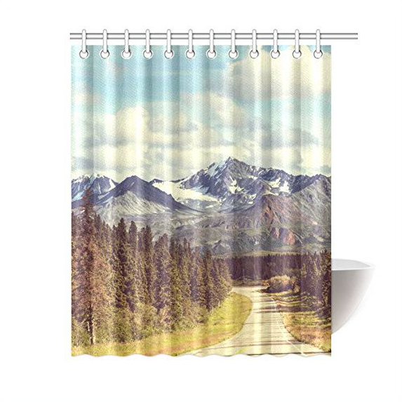 Libin Highway on Alasks Shower Curtain, Nature Mountain Landscape Polyester Fabric Shower Curtain Bathroom Sets with Hooks 60x72 Inches