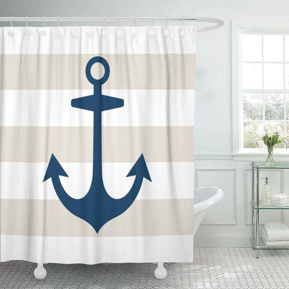 Libin House Blue Anchor Beige Nautical Stripes Pattern Modern Shower Curtain 60x72 inch
