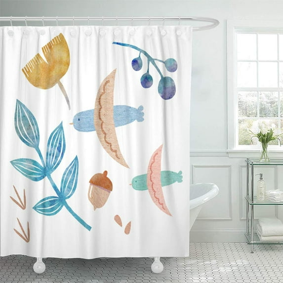 Libin Illustration Forest Set Bird Leaves Acorn in Watercolor Technique Seed Shower Curtain 60x72 inch