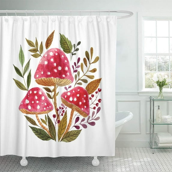 Libin Illustration Watercolor Red Mushrooms Art Print Work Botanical Branches Card Shower Curtain 60x72 inch