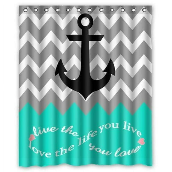 Libin Infinity Live The Life You Love Love The Life You Live Chevron with Nautical Anchor Turquoise Grey White Shower Curtain Polyester Fabric Bathroom Decorative Curtain Size 60x72 Inches