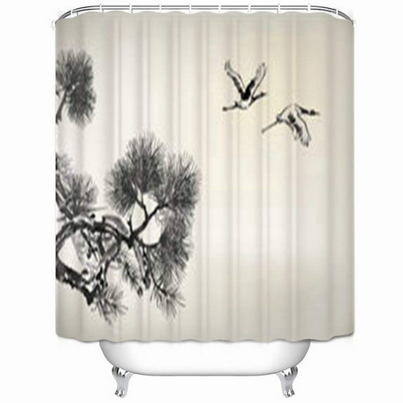 Libin Ink Style Pine Tree Crane Animals Wildlife Painting Nature Birds Shower Curtain 66x72 Inches