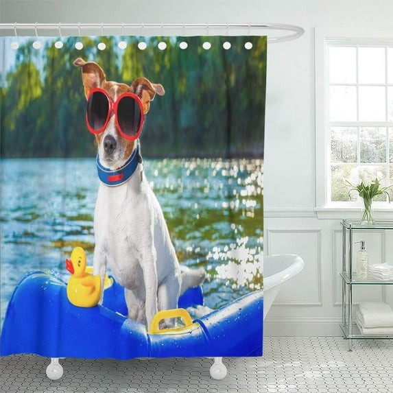 Libin Jack Russell Dog Sitting on Inflatable Mattress in Water Shower Curtain 60x72 inch