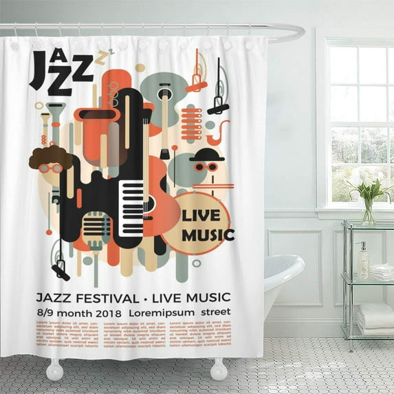 Libin Jazz Festival Musical Instruments Saxophone and Piano Keys Guitar Shower Curtain 66x72 inch