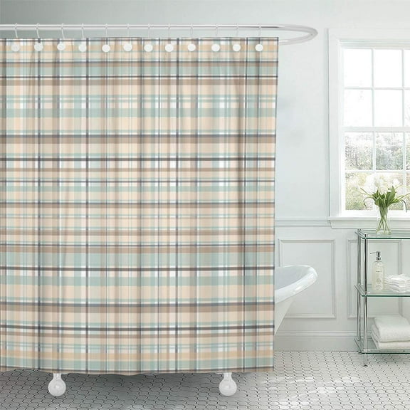 Libin Khaki Squares Tan and Pale Blue Plaid Lines Pattern Shower Curtain 60x72 inch
