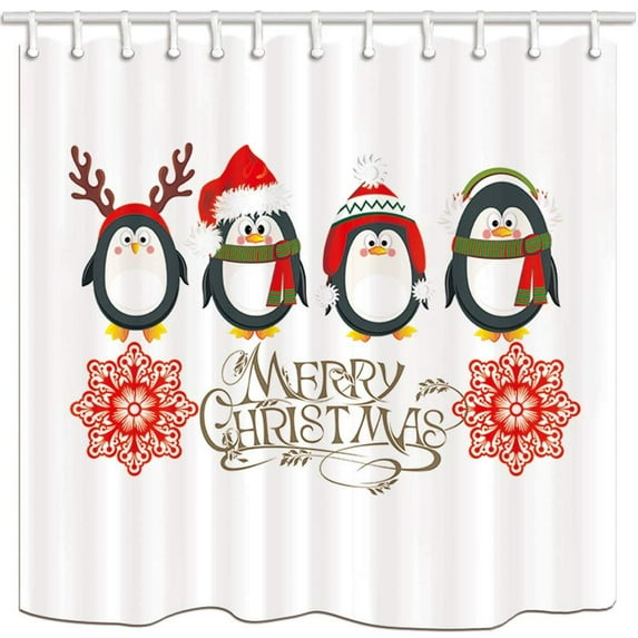 Libin Kids Decor Cute Penguins with Christmas for New Year Polyester Fabric Bathroom Shower Curtain 66x72 inches