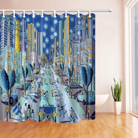 Libin Kids Hand Paintedin Cartoon People Dancing on Town Square Polyester Fabric Bathroom Shower Curtain 66x72 inches