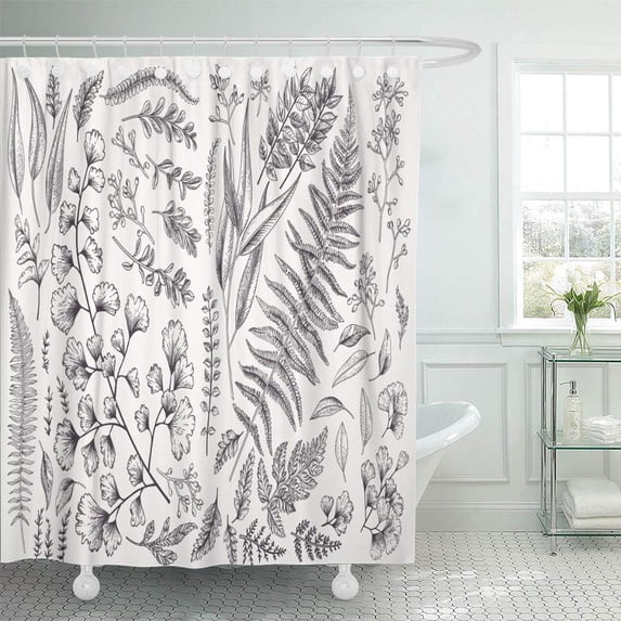 Libin Leaf Leaves Botanical Fern Eucalyptus Boxwood Vintage Floral Black Shower Curtain 66x72 inch