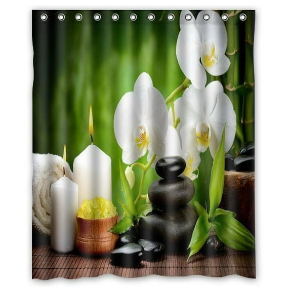 Libin Leaves Bamboo Green White Orchid Flowerses Shower Curtain Polyester Fabric Bathroom Decorative Curtain Size 60x72 Inches