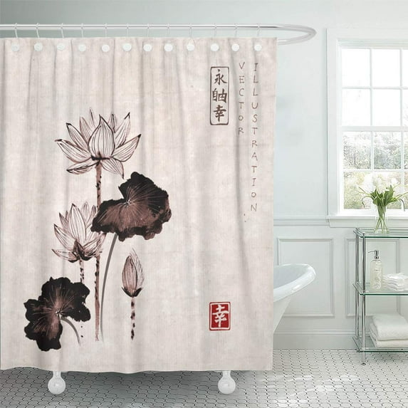 Libin Lotus Flowers Ink in Vintage Traditional ese Painting Sumi E Shower Curtain 66x72 inch