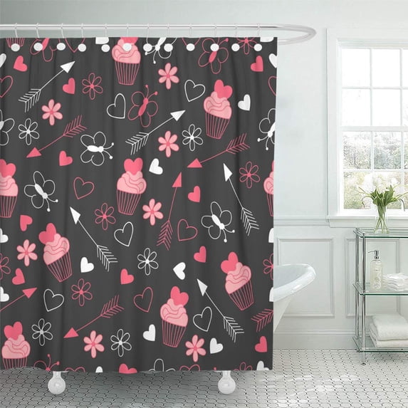 Libin Love Cupcake Butterfly Flowers Hearts Arrow Happy St Valentine Shower Curtain 60x72 inch
