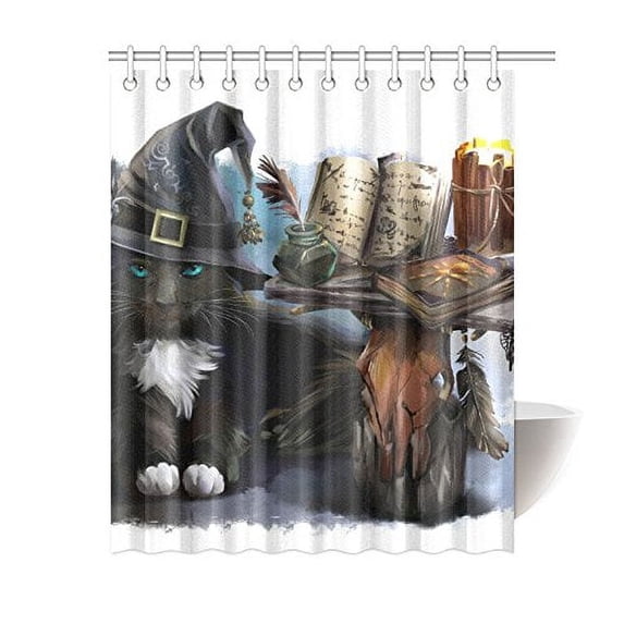 Libin Magical Black Cat Watercolor Painting Bathroom Waterproof Fabric Shower Curtain 66x72 inches
