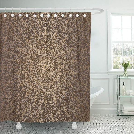 Libin Mandala Golden Round Line Flower Floral Chakra Symbol Shower Curtain 66x72 inch
