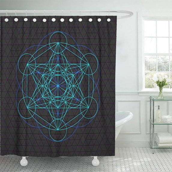 Libin Metatron Light Blue Contour Monochrome Sacred Geometry Seed of Life Shower Curtain 66x72 inch