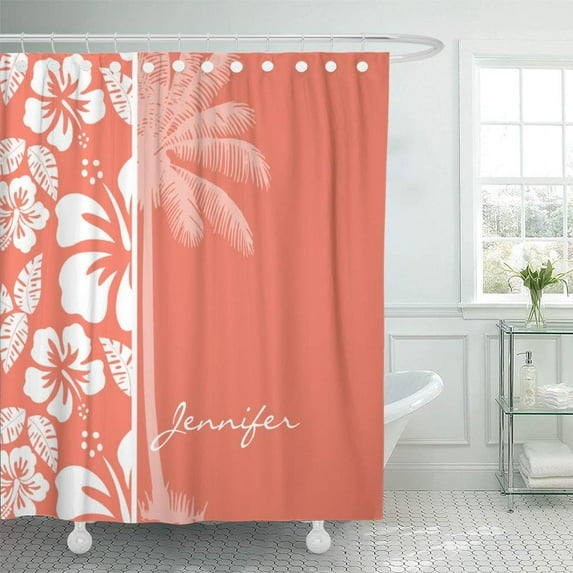 Libin Modern Coral Color Tropical Hibiscus Summer Cute Pattern Cool Shower Curtain 60x72 inch