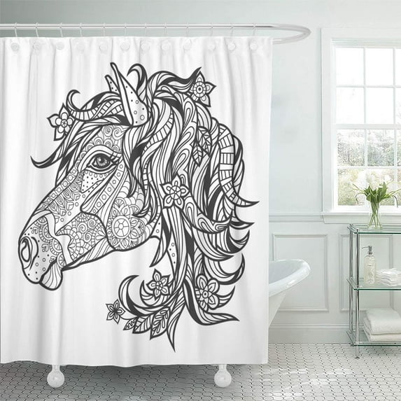 Libin Monochrome Coloring Page Book for Adults and Older Children Horse Shower Curtain 60x72 inch