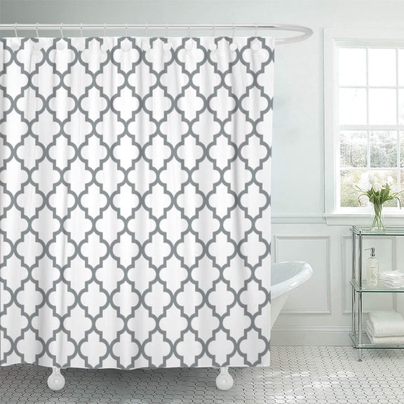 Libin Monogram Grey Lattice Pattern Moroccan Quatrefoil Modern Geometric Trellis Shower Curtain 66x72 inch