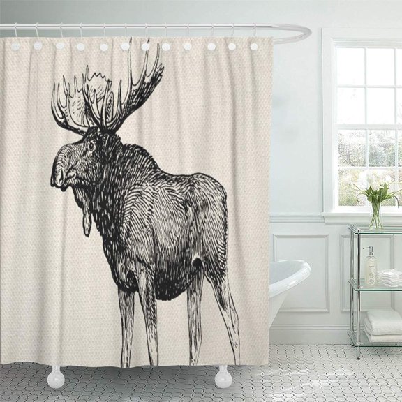 Libin Monogram Rustic Moose Sketch and Laurels Yukon Cabin Lodge Shower Curtain 60x72 inch