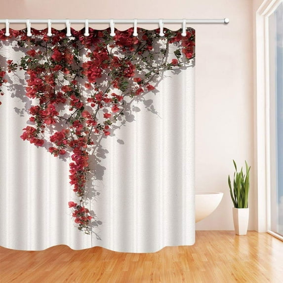 Libin Natural Floral Red Bright Flowers Spread Against Wall Polyester Fabric Bath Curtain, Bathroom Shower Curtain 66x72 inches