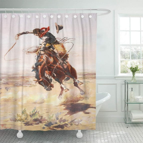 Libin Old Wild West Cowboy on Bucking Horse Western Rodeo Shower Curtain 66x72 inch